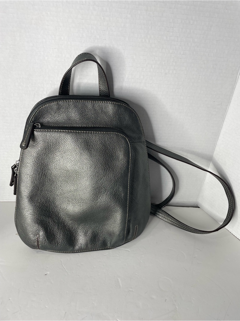 Tignanello Leather Backpack Dark Metallic Silver Gray Bag Zippered Pockets